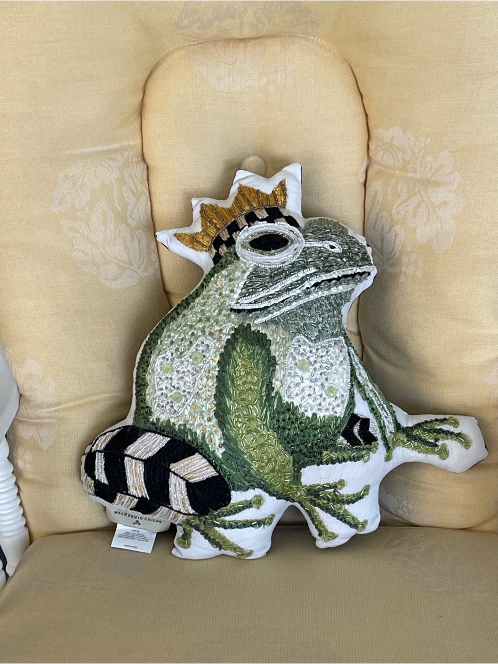 Mackenzie-Childs Embroidered Frog Shape Throw Pillow Wearing  a Crown 15” x 17”